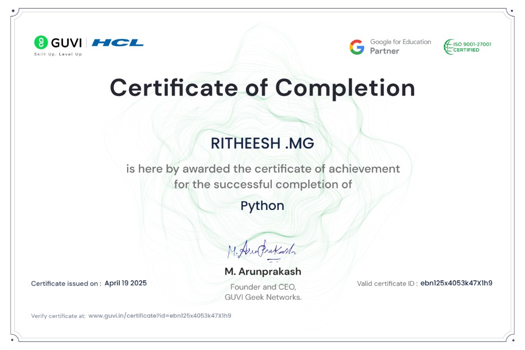 GUVI HCL Python certificate